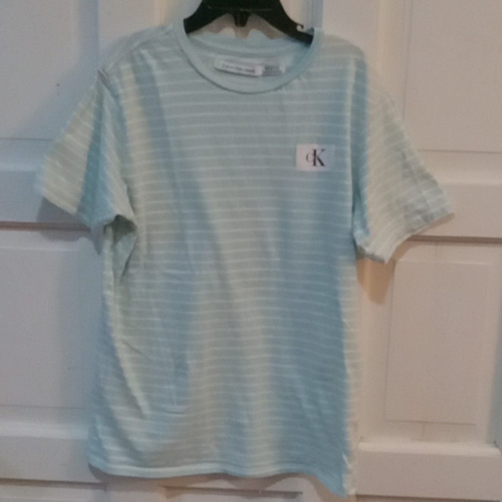 Calvin Klein Boy's Short Sleeve Shirt Size M (10-12) Teal Stripes - Picture 1 of 10